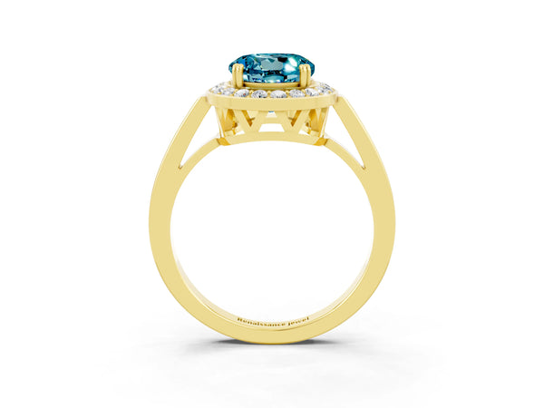 Yellow gold Round Cut Blue Topaz Halo Ring with Split Shank and Four-Prong Setting