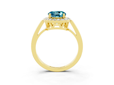 Yellow gold {shape_name} Blue Topaz Halo Ring with Split Shank and Four-Prong Setting_3