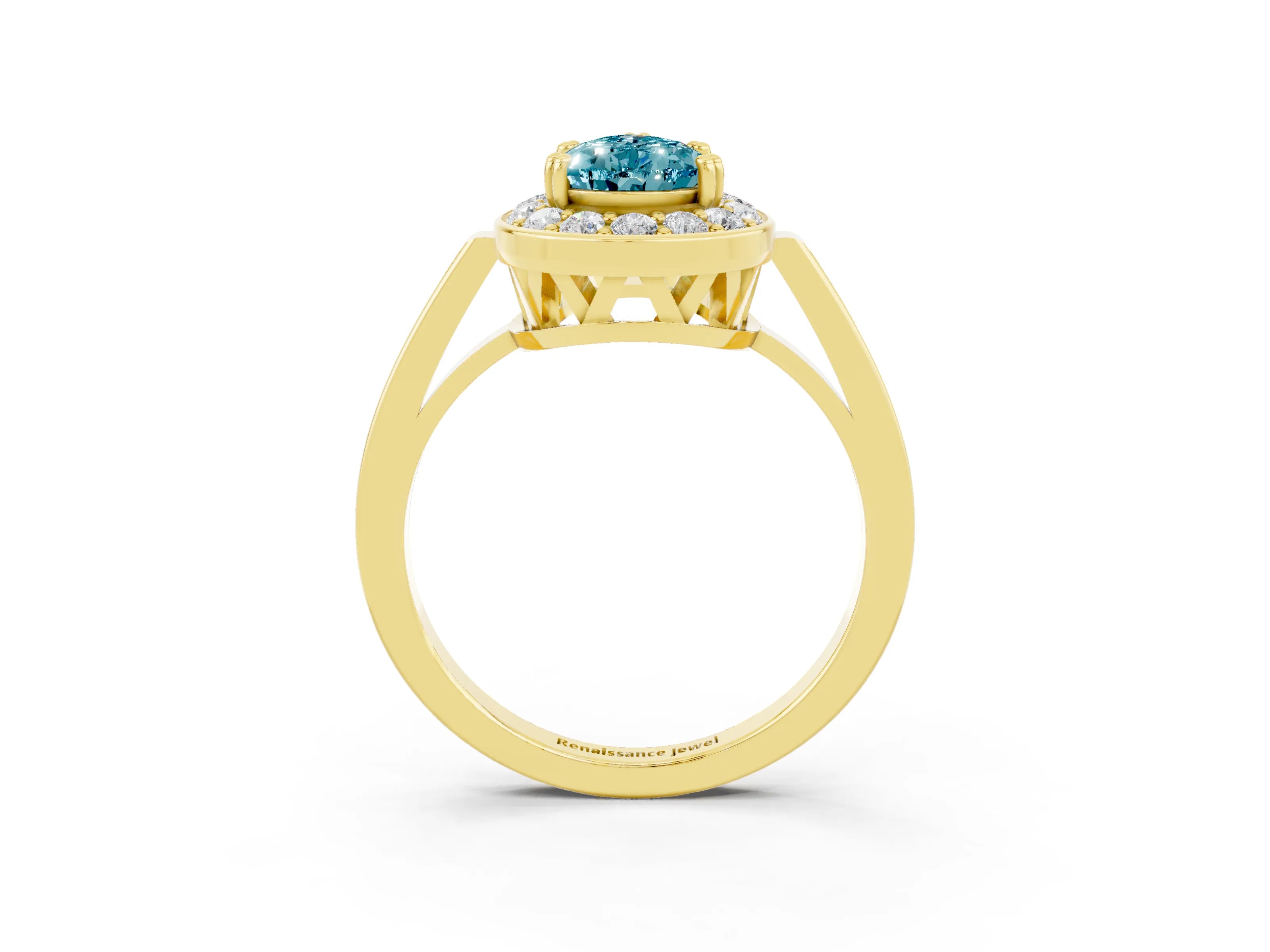 Yellow gold {shape_name} Blue Topaz Halo Ring with Split Shank and Four-Prong Setting_3