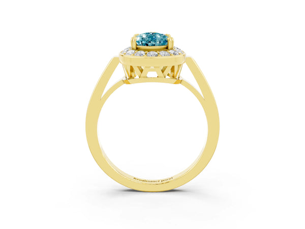 Yellow gold Pear Cut Blue Topaz Halo Ring with Split Shank and Four-Prong Setting