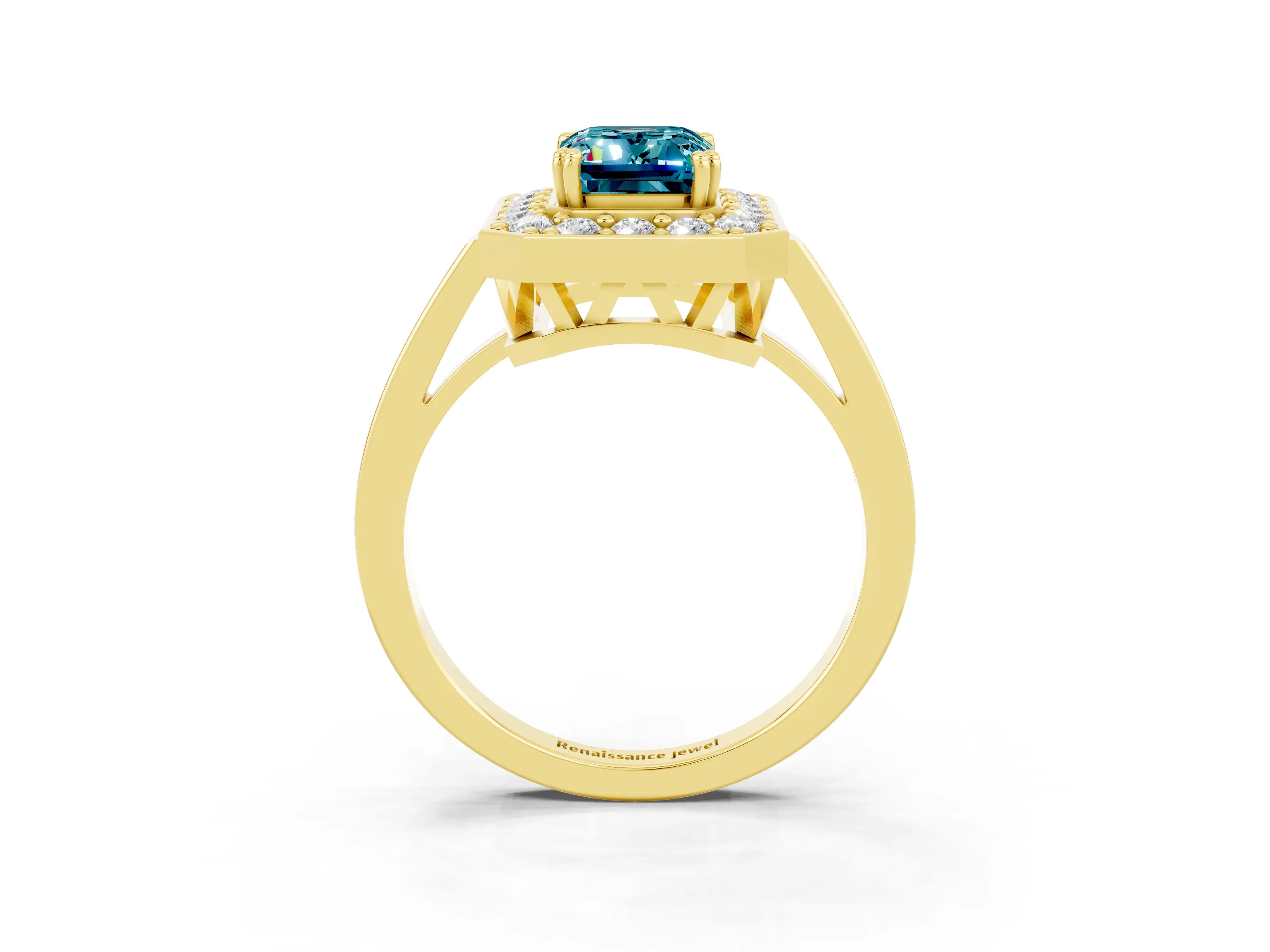 Yellow gold {shape_name} Blue Topaz Halo Ring with Split Shank and Four-Prong Setting_3