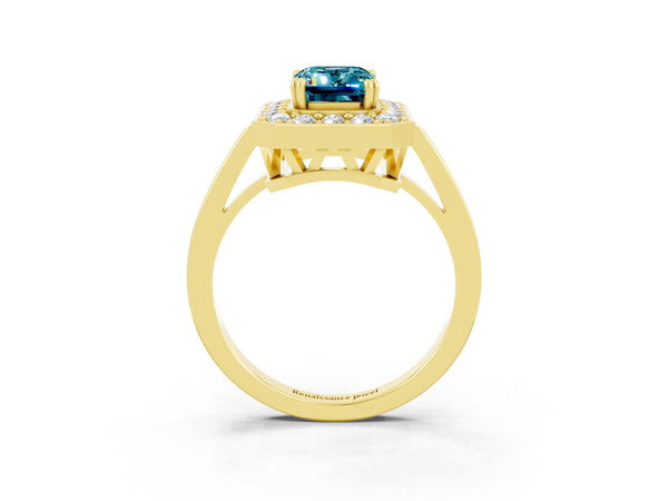 Yellow gold Emerald Cut Blue Topaz Halo Ring with Split Shank and Four-Prong Setting