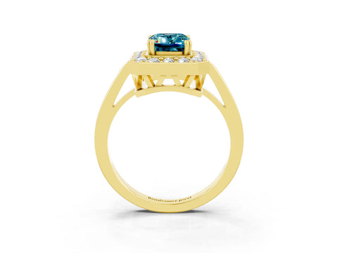 Yellow gold {shape_name} Blue Topaz Halo Ring with Split Shank and Four-Prong Setting_3