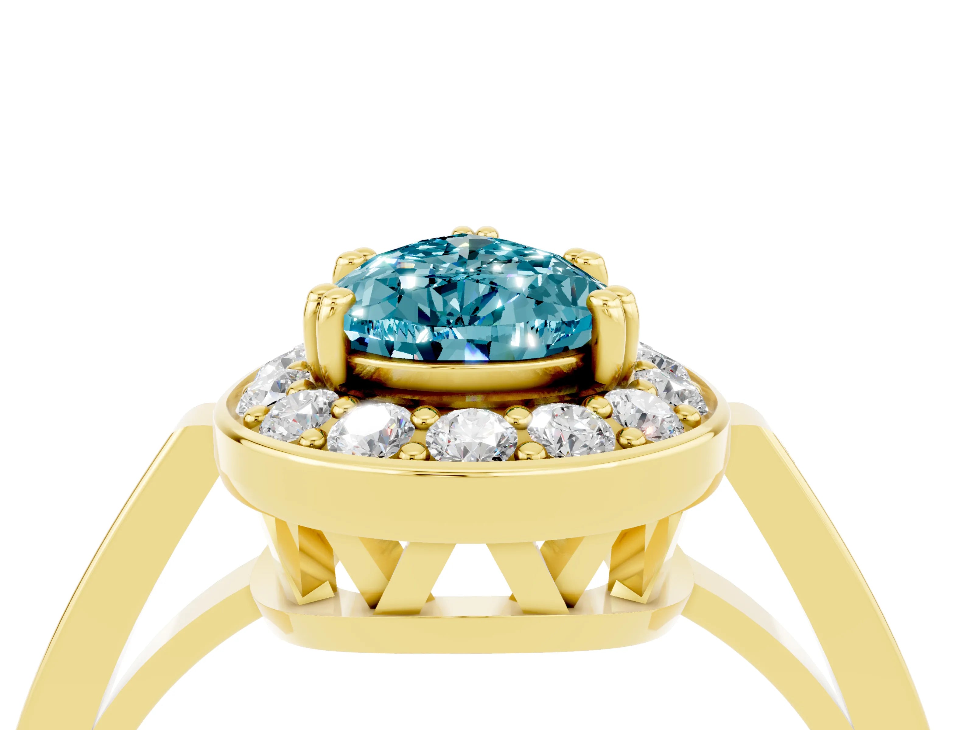 Yellow gold {shape_name} Blue Topaz Halo Ring with Split Shank and Four-Prong Setting_4