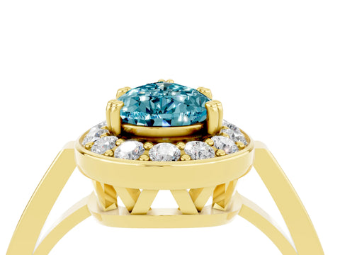 Yellow gold {shape_name} Blue Topaz Halo Ring with Split Shank and Four-Prong Setting_4