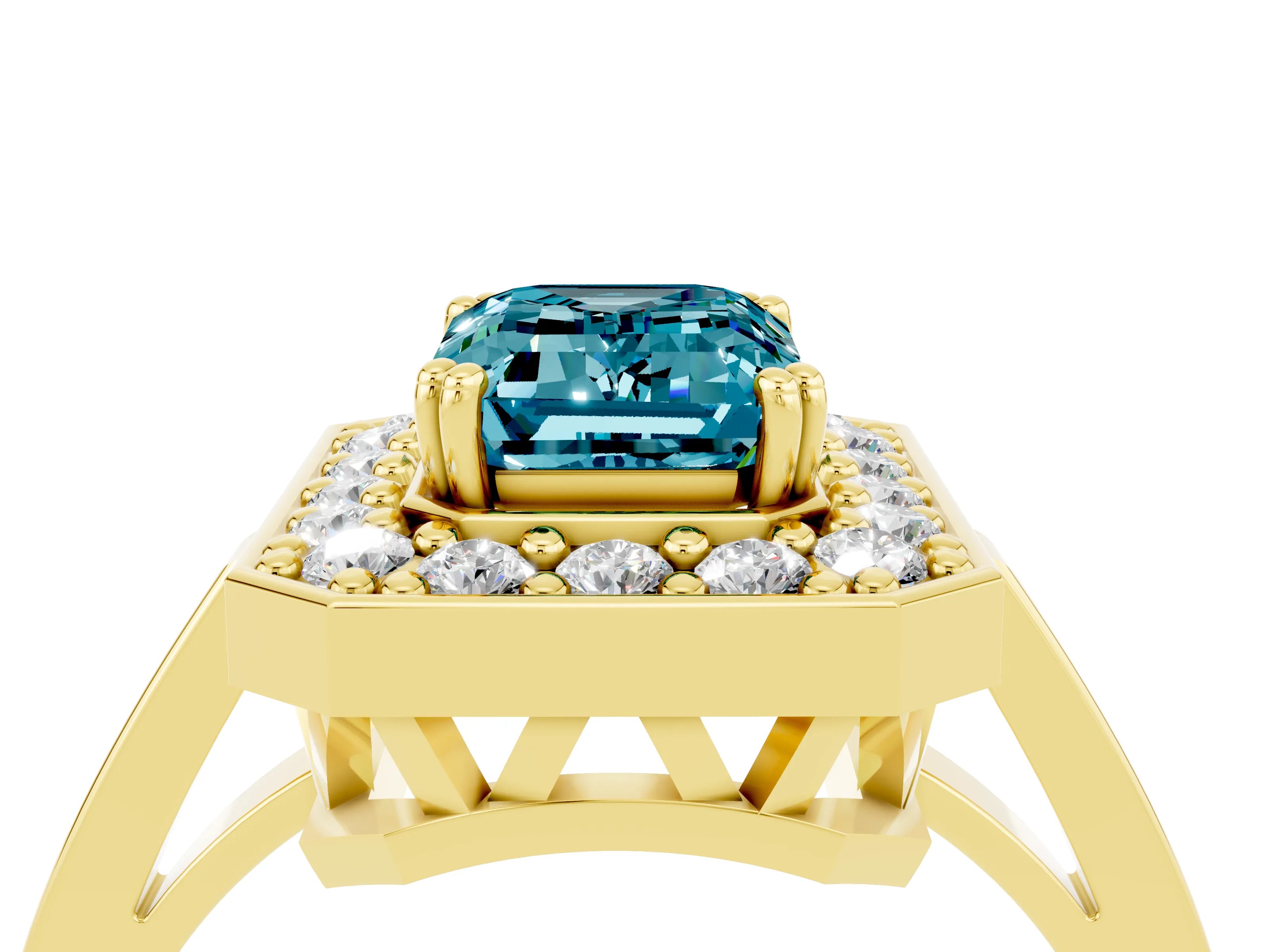 Yellow gold {shape_name} Blue Topaz Halo Ring with Split Shank and Four-Prong Setting_4