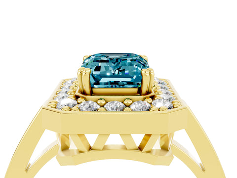 Yellow gold {shape_name} Blue Topaz Halo Ring with Split Shank and Four-Prong Setting_4