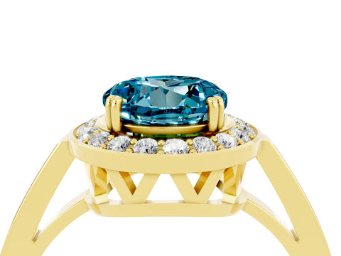 Yellow gold {shape_name} Blue Topaz Halo Ring with Split Shank and Four-Prong Setting_4
