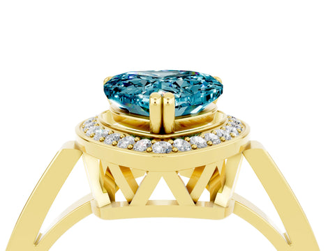 Yellow gold {shape_name} Blue Topaz Halo Ring with Split Shank and Four-Prong Setting_4