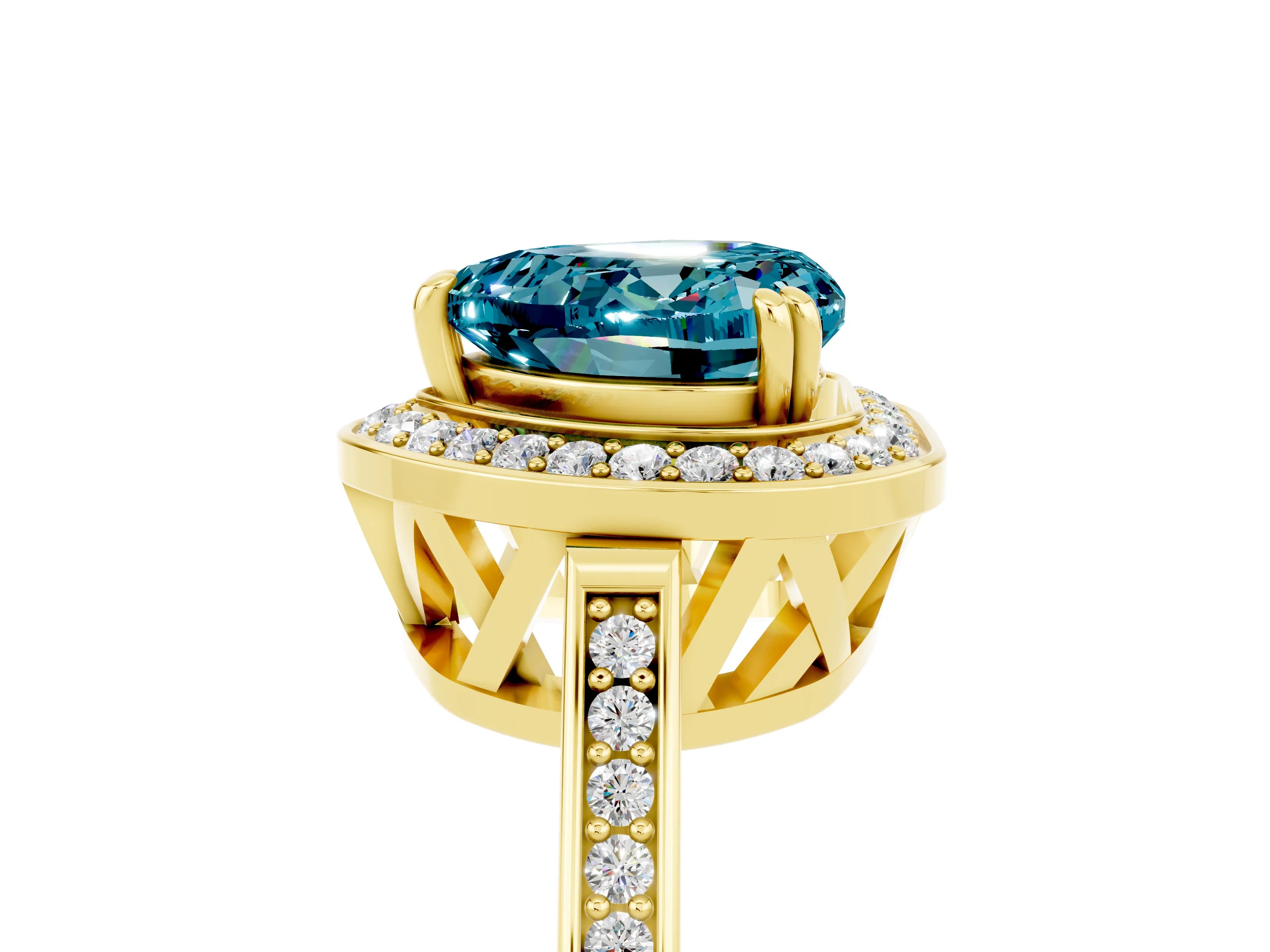 Yellow gold {shape_name} Blue Topaz Halo Ring with Split Shank and Four-Prong Setting_5