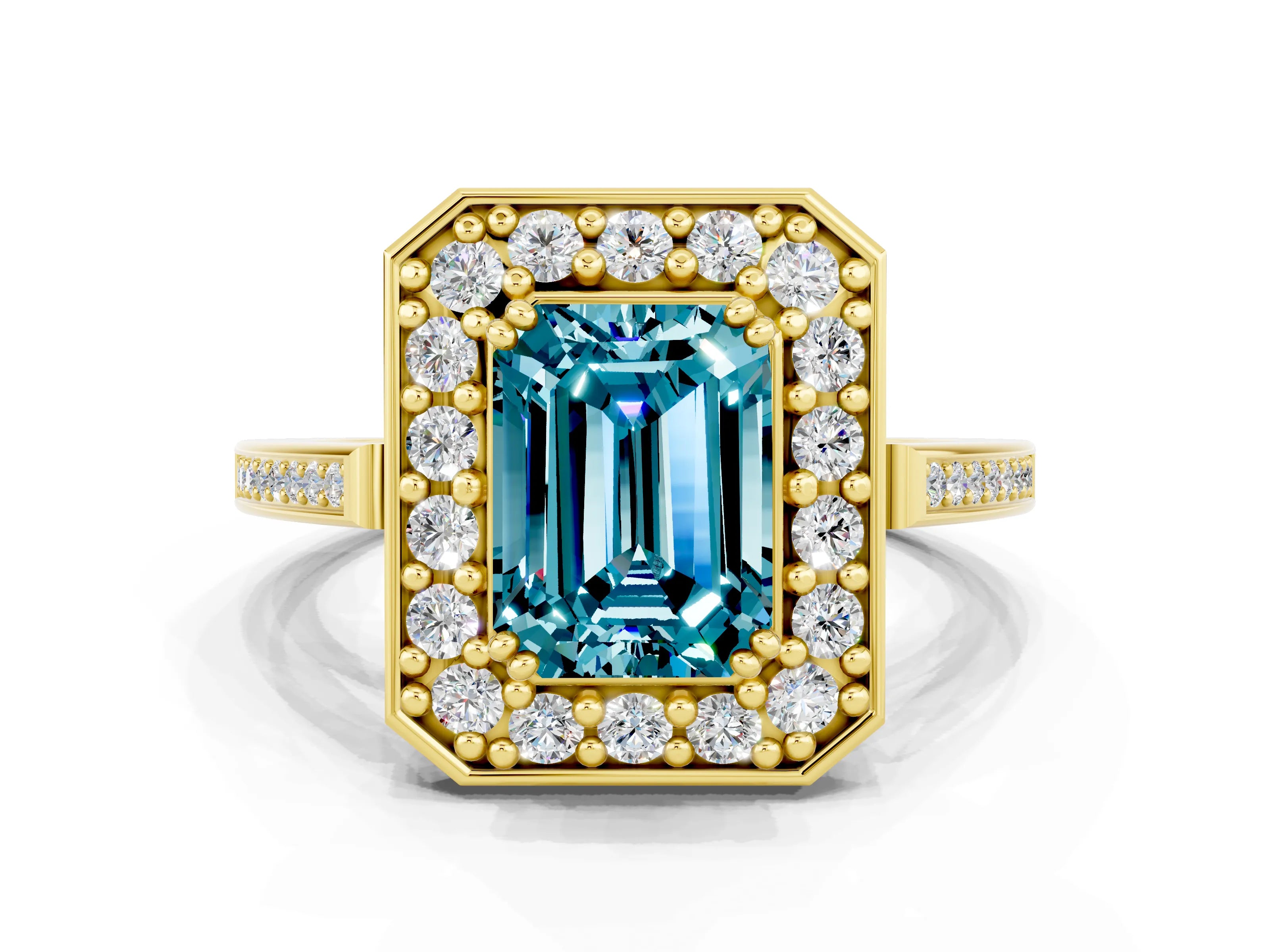 Yellow gold {shape_name} Blue Topaz Halo Ring with Split Shank and Four-Prong Setting