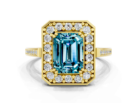 Yellow gold {shape_name} Blue Topaz Halo Ring with Split Shank and Four-Prong Setting