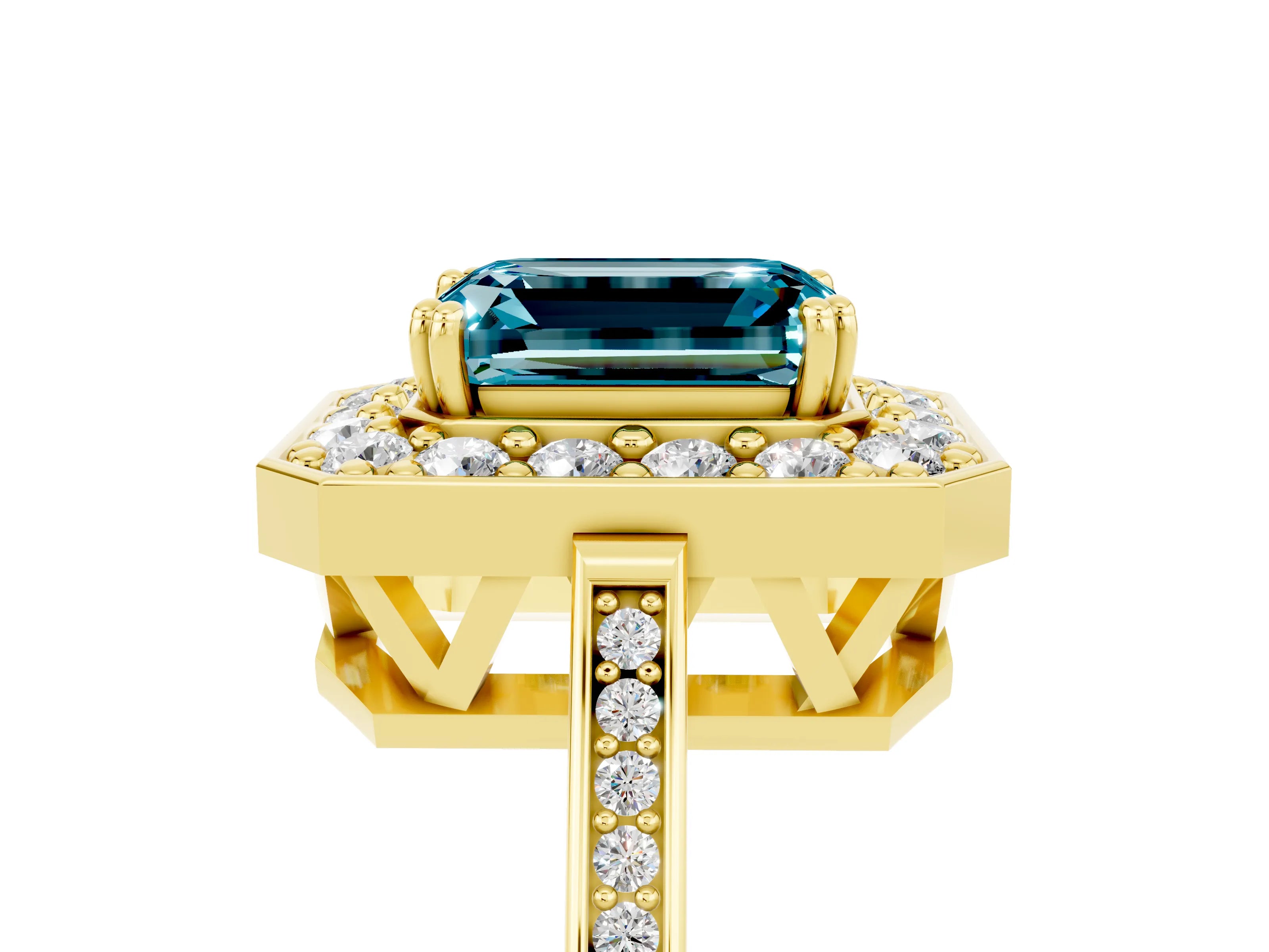 Yellow gold {shape_name} Blue Topaz Halo Ring with Split Shank and Four-Prong Setting_5