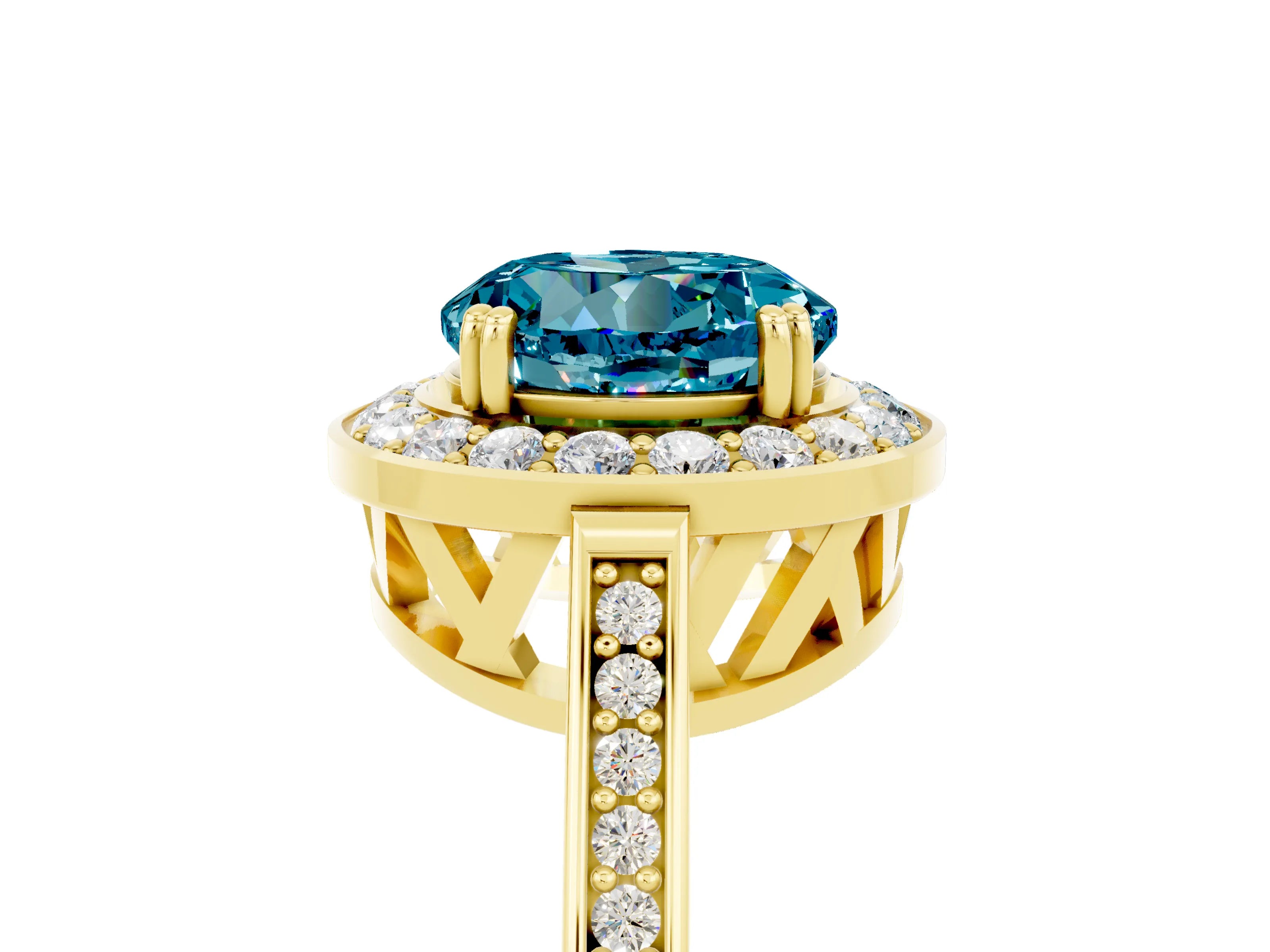 Yellow gold {shape_name} Blue Topaz Halo Ring with Split Shank and Four-Prong Setting_5