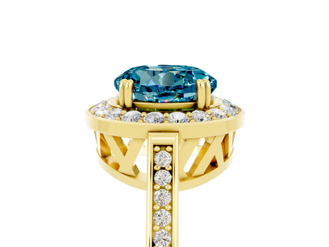 Yellow gold {shape_name} Blue Topaz Halo Ring with Split Shank and Four-Prong Setting_5