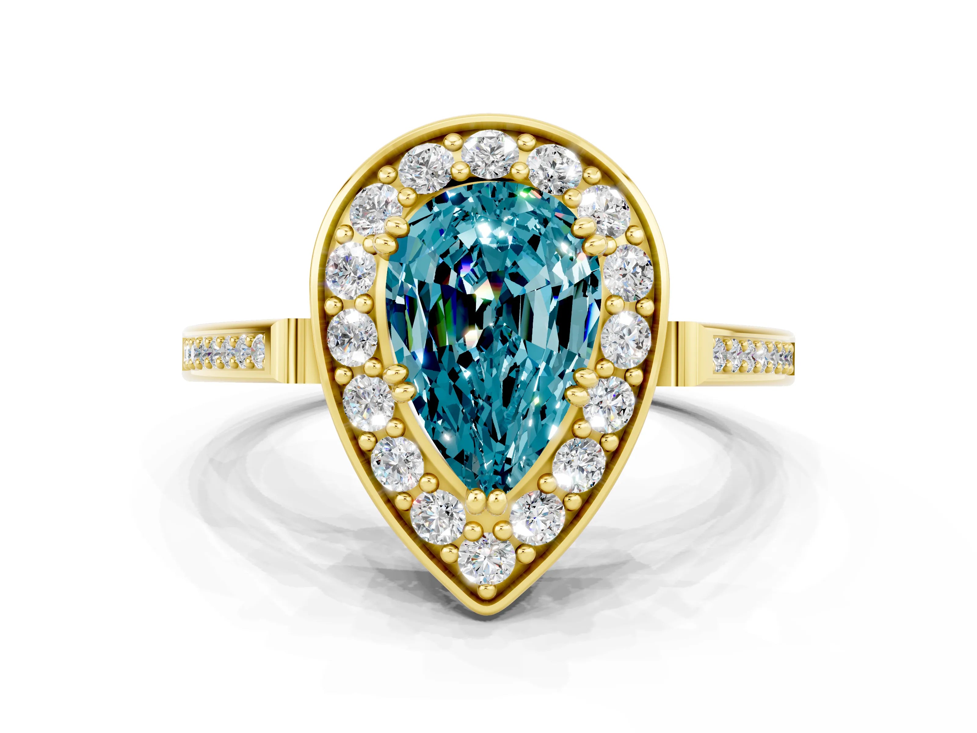 Yellow gold {shape_name} Blue Topaz Halo Ring with Split Shank and Four-Prong Setting