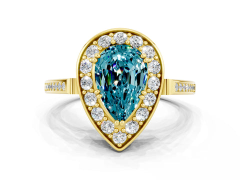 Yellow gold {shape_name} Blue Topaz Halo Ring with Split Shank and Four-Prong Setting