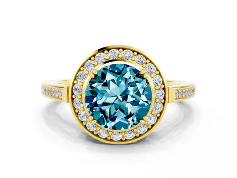 Yellow gold {shape_name} Blue Topaz Halo Ring with Split Shank and Four-Prong Setting