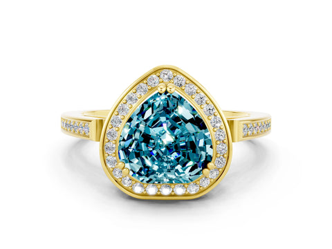 Yellow gold {shape_name} Blue Topaz Halo Ring with Split Shank and Four-Prong Setting