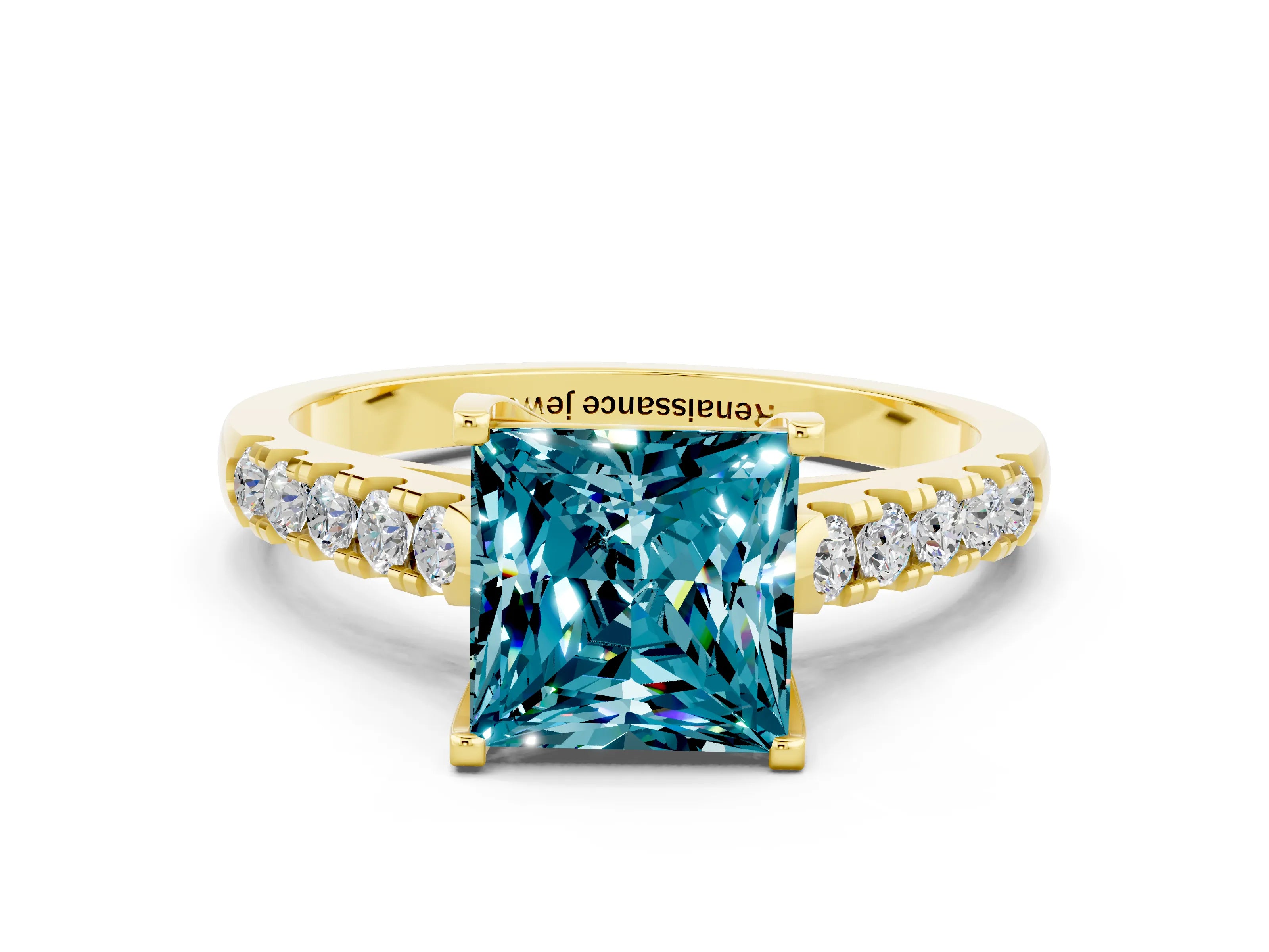 Yellow gold {shape_name} Blue Topaz Solitaire Ring with Pavé Band and Four-Prong Setting