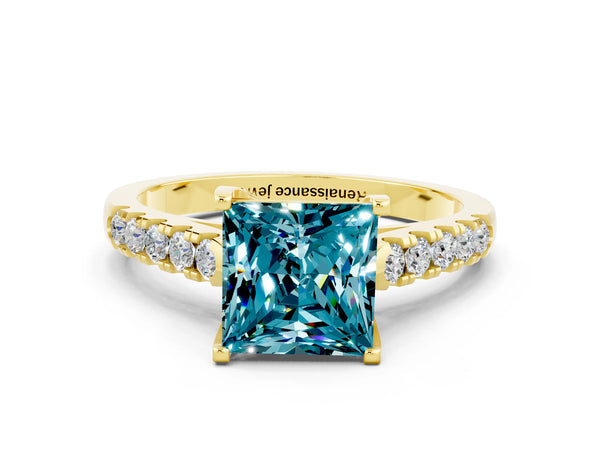 Yellow gold Princess Cut Blue Topaz Pavé Band Solitaire Ring with Prong Setting