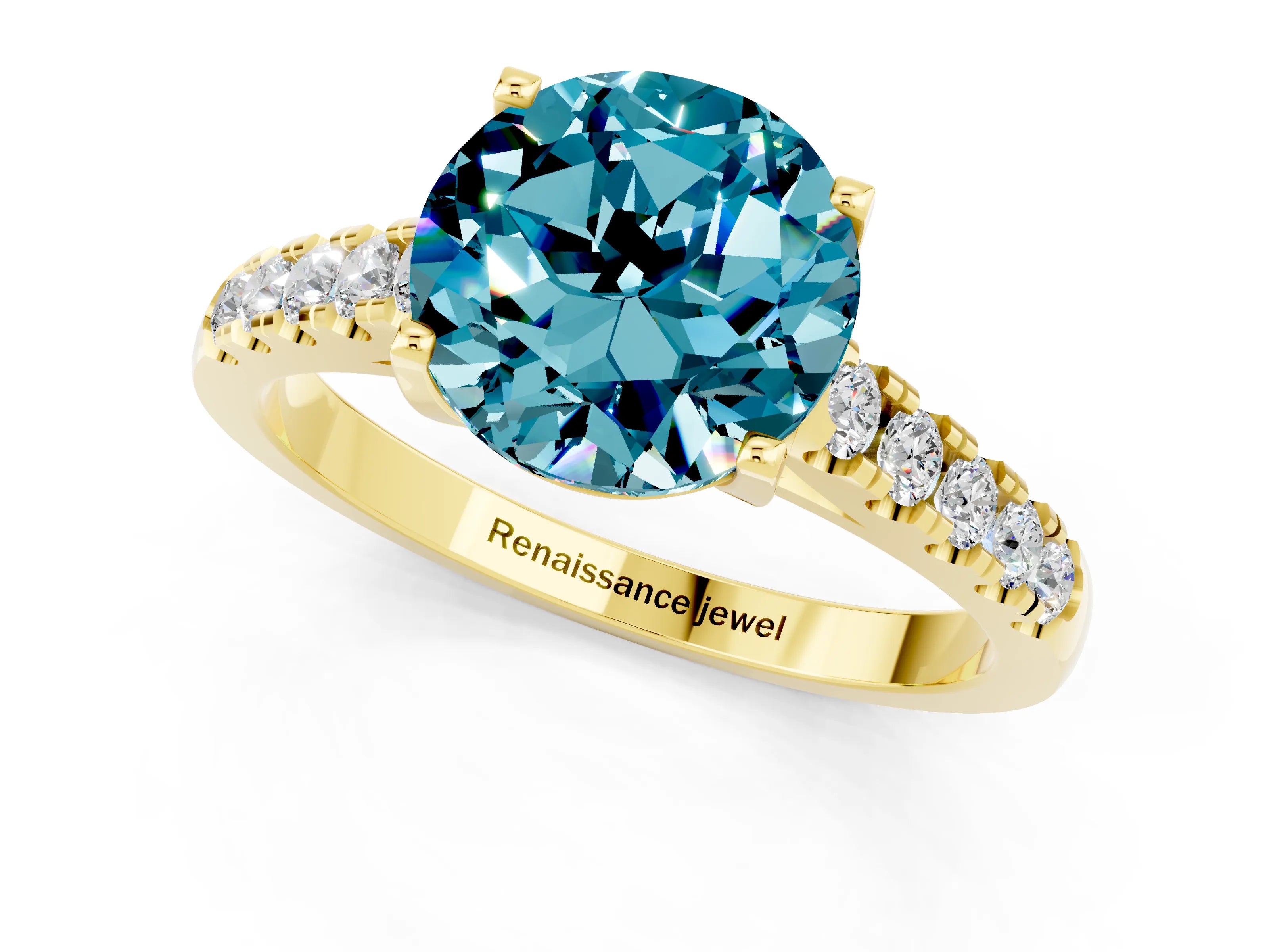 Yellow gold {shape_name} Blue Topaz Solitaire Ring with Pavé Band and Four-Prong Setting_1