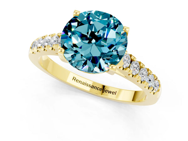 Yellow gold Round Cut Blue Topaz Pavé Band Solitaire Ring with Prong Setting