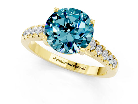 Yellow gold {shape_name} Blue Topaz Solitaire Ring with Pavé Band and Four-Prong Setting_1