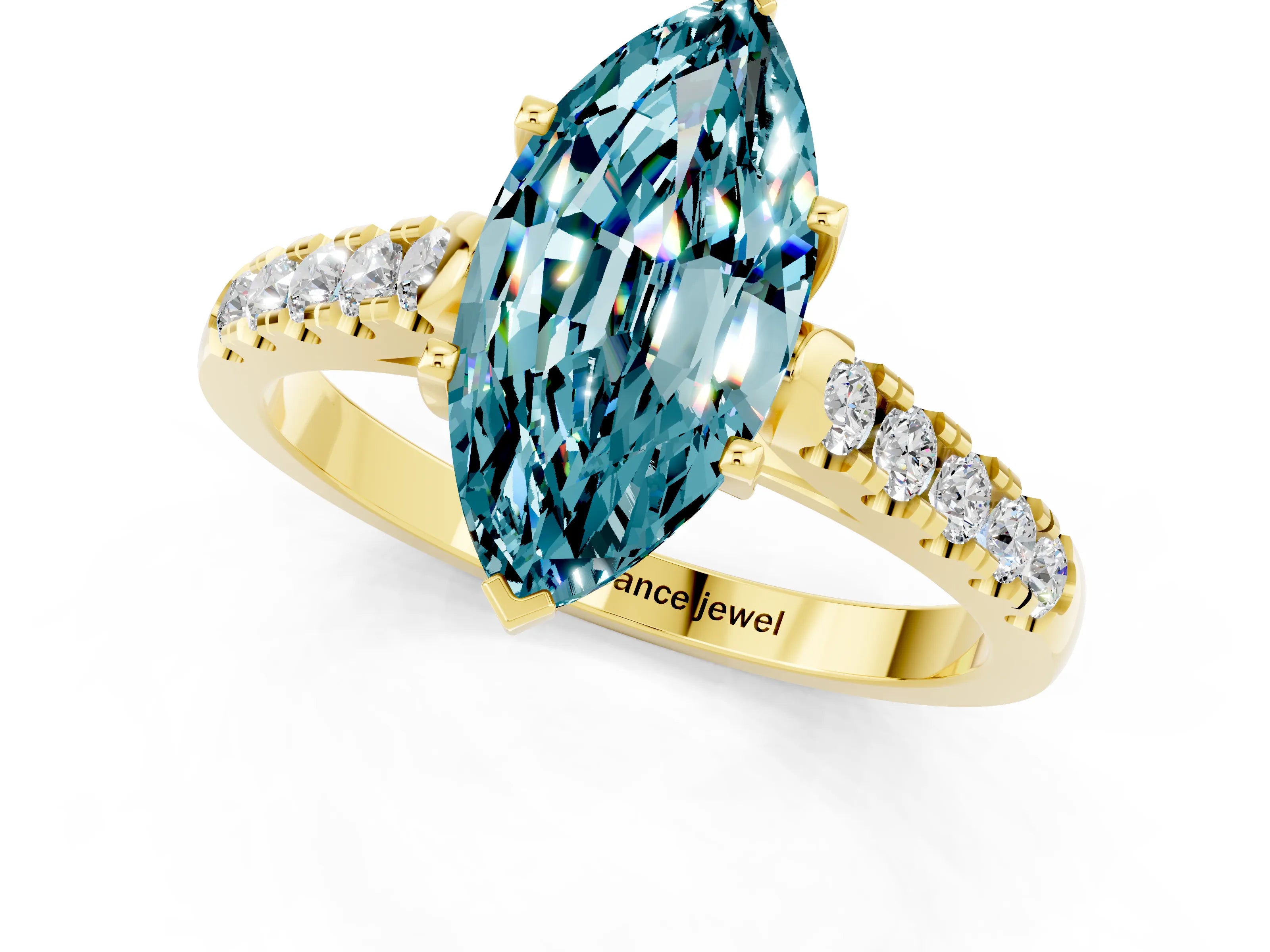 Yellow gold {shape_name} Blue Topaz Solitaire Ring with Pavé Band and Four-Prong Setting_1
