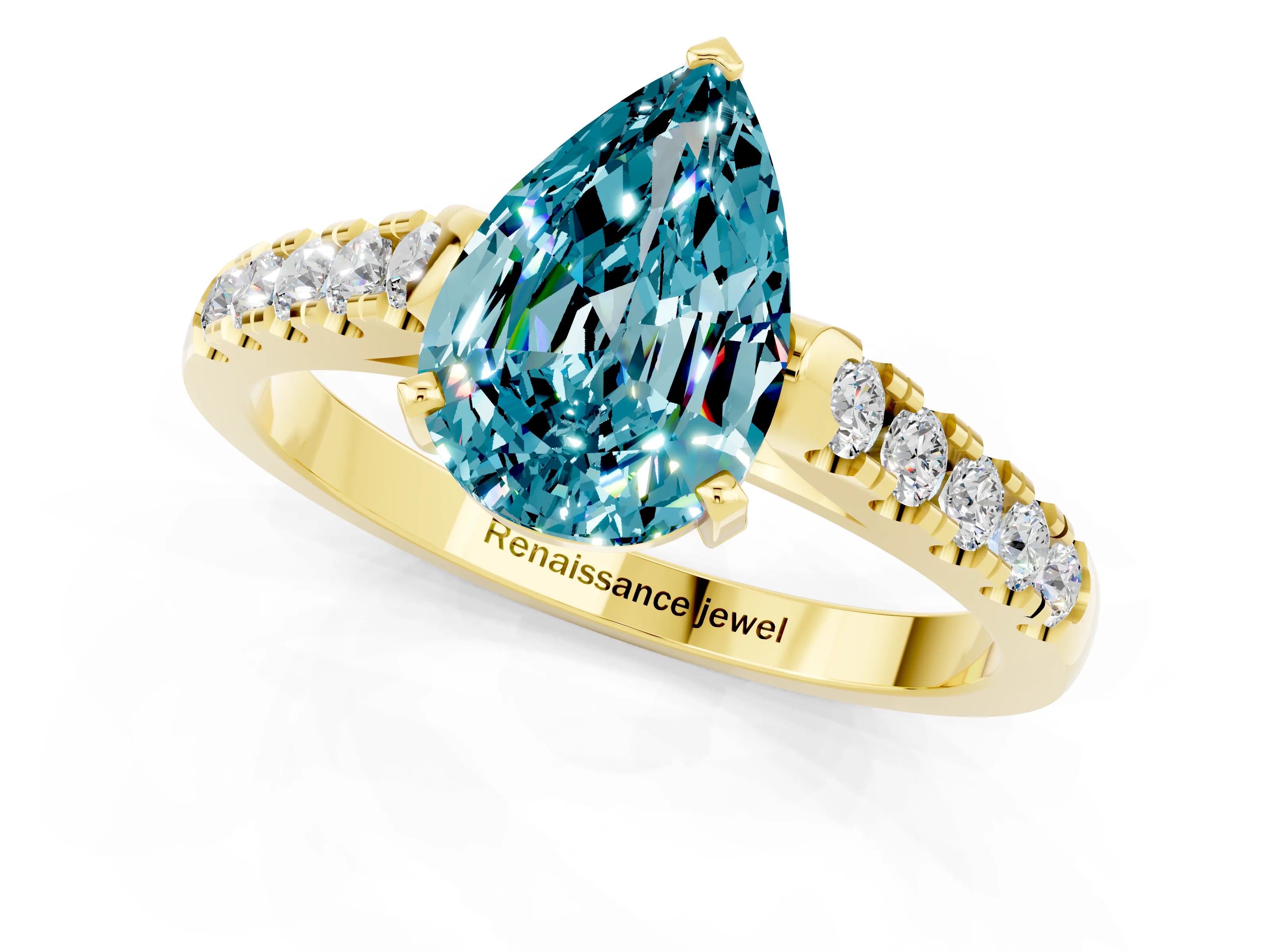 Yellow gold {shape_name} Blue Topaz Solitaire Ring with Pavé Band and Four-Prong Setting_1