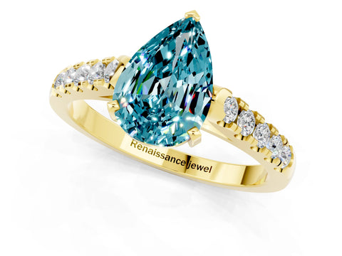 Yellow gold {shape_name} Blue Topaz Solitaire Ring with Pavé Band and Four-Prong Setting_1