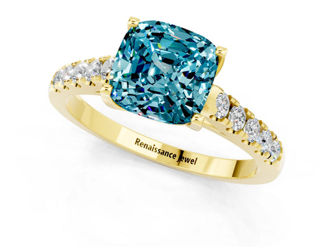 Yellow gold {shape_name} Blue Topaz Solitaire Ring with Pavé Band and Four-Prong Setting_1
