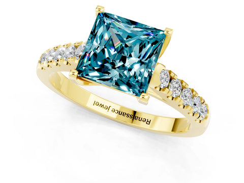 Yellow gold {shape_name} Blue Topaz Solitaire Ring with Pavé Band and Four-Prong Setting_1