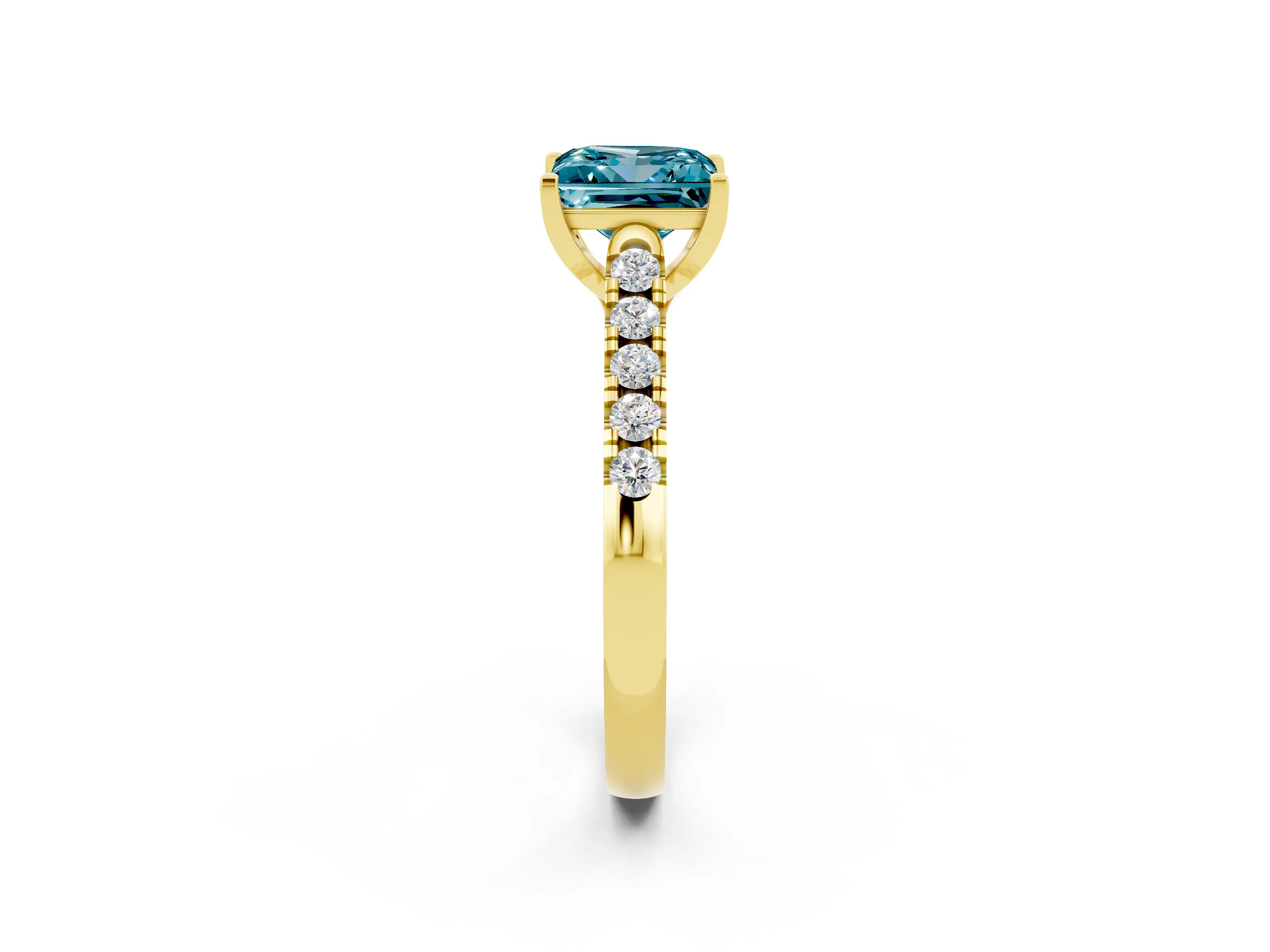 Yellow gold {shape_name} Blue Topaz Solitaire Ring with Pavé Band and Four-Prong Setting_2