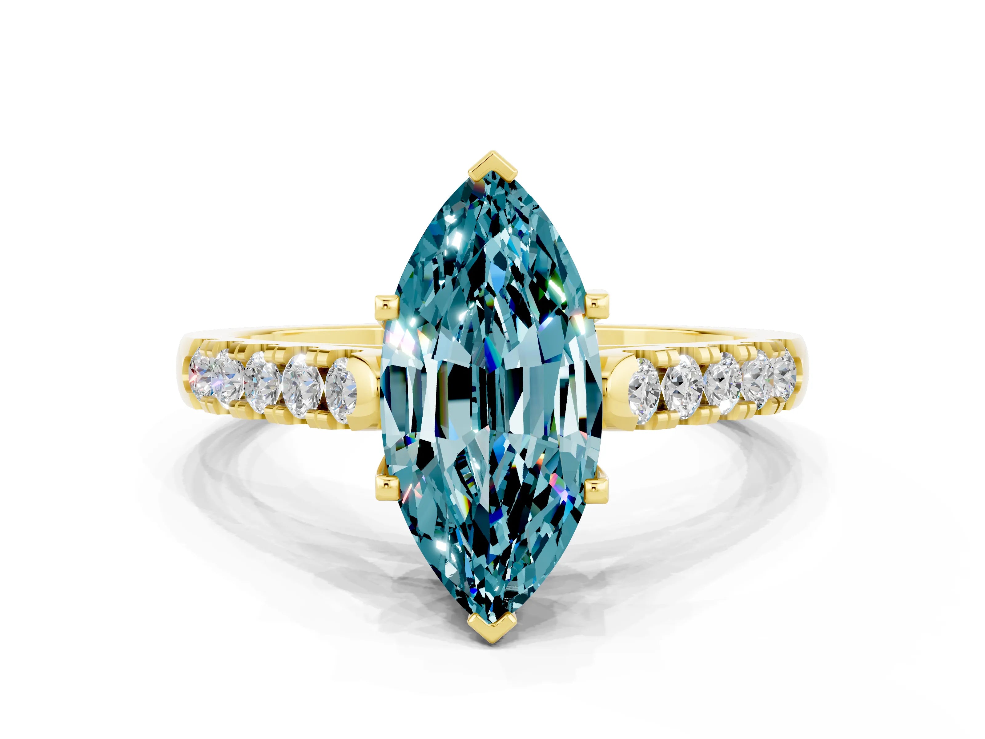 Yellow gold {shape_name} Blue Topaz Solitaire Ring with Pavé Band and Four-Prong Setting