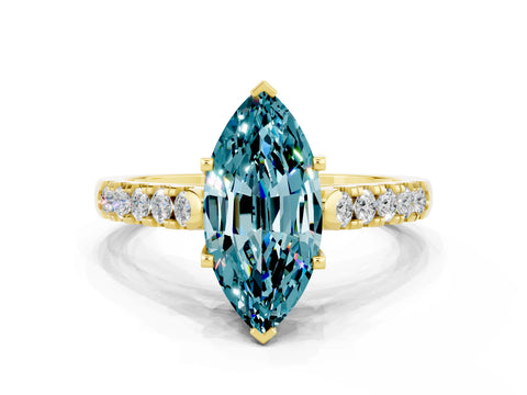 Yellow gold {shape_name} Blue Topaz Solitaire Ring with Pavé Band and Four-Prong Setting