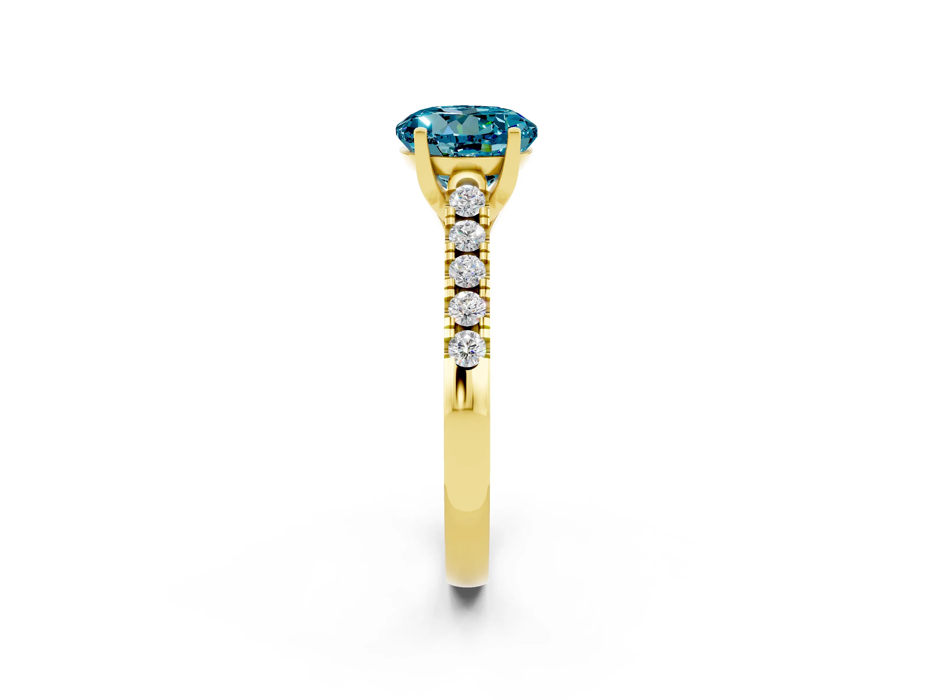 Yellow gold {shape_name} Blue Topaz Solitaire Ring with Pavé Band and Four-Prong Setting_2