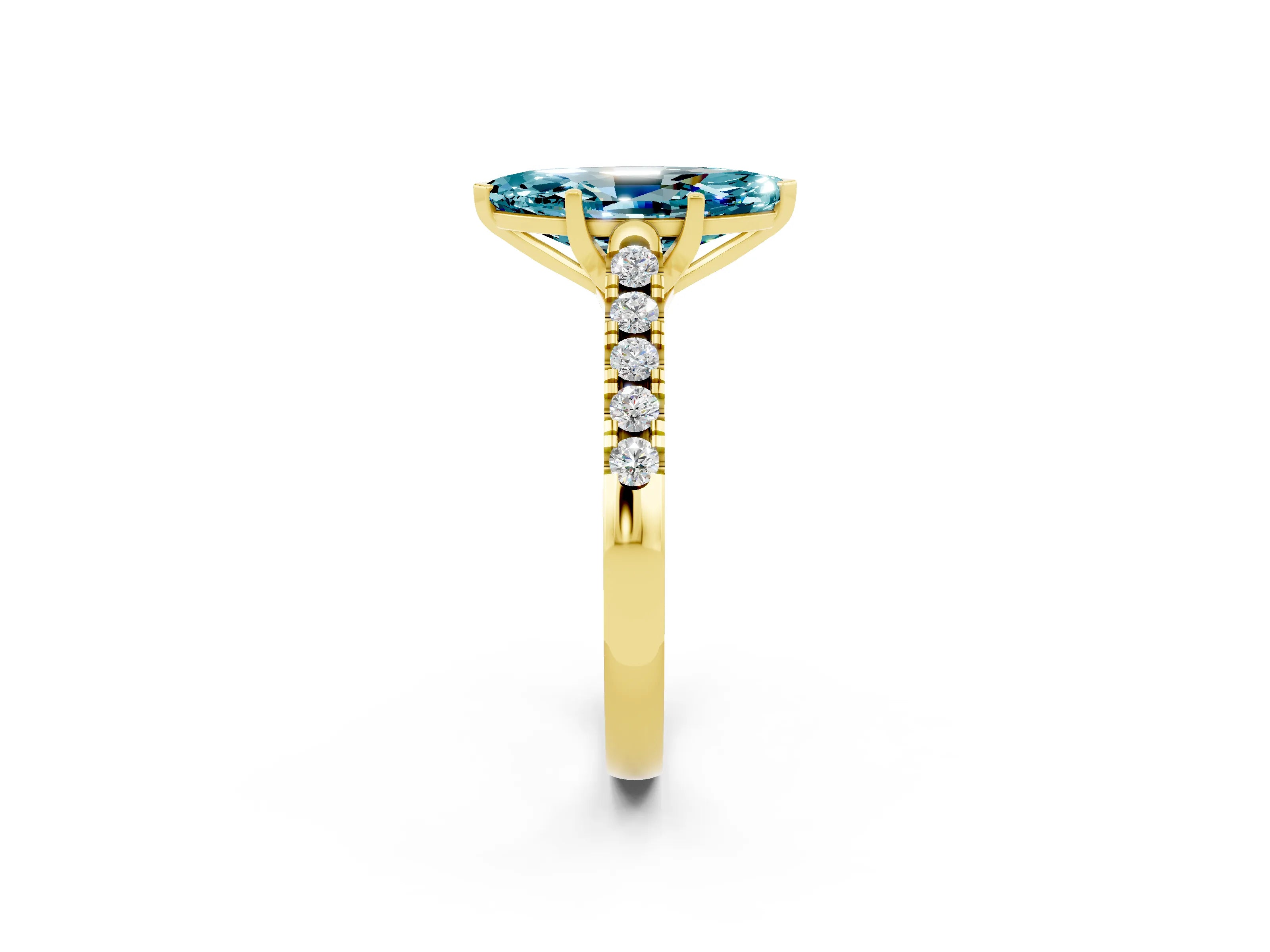 Yellow gold {shape_name} Blue Topaz Solitaire Ring with Pavé Band and Four-Prong Setting_2