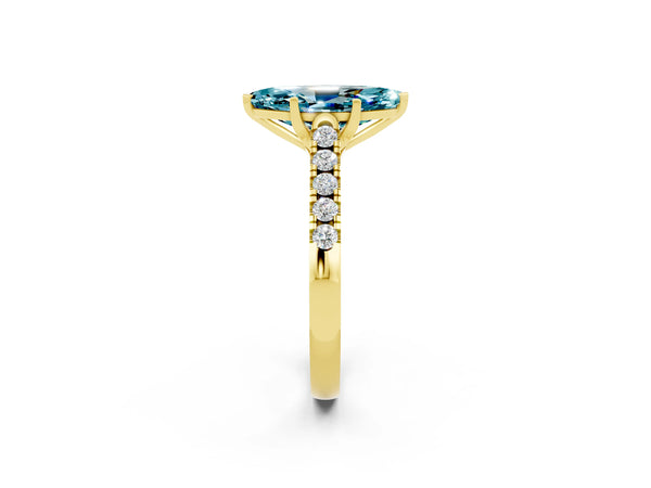 Yellow gold Marquise Cut Blue Topaz Pavé Band Solitaire Ring with Prong Setting