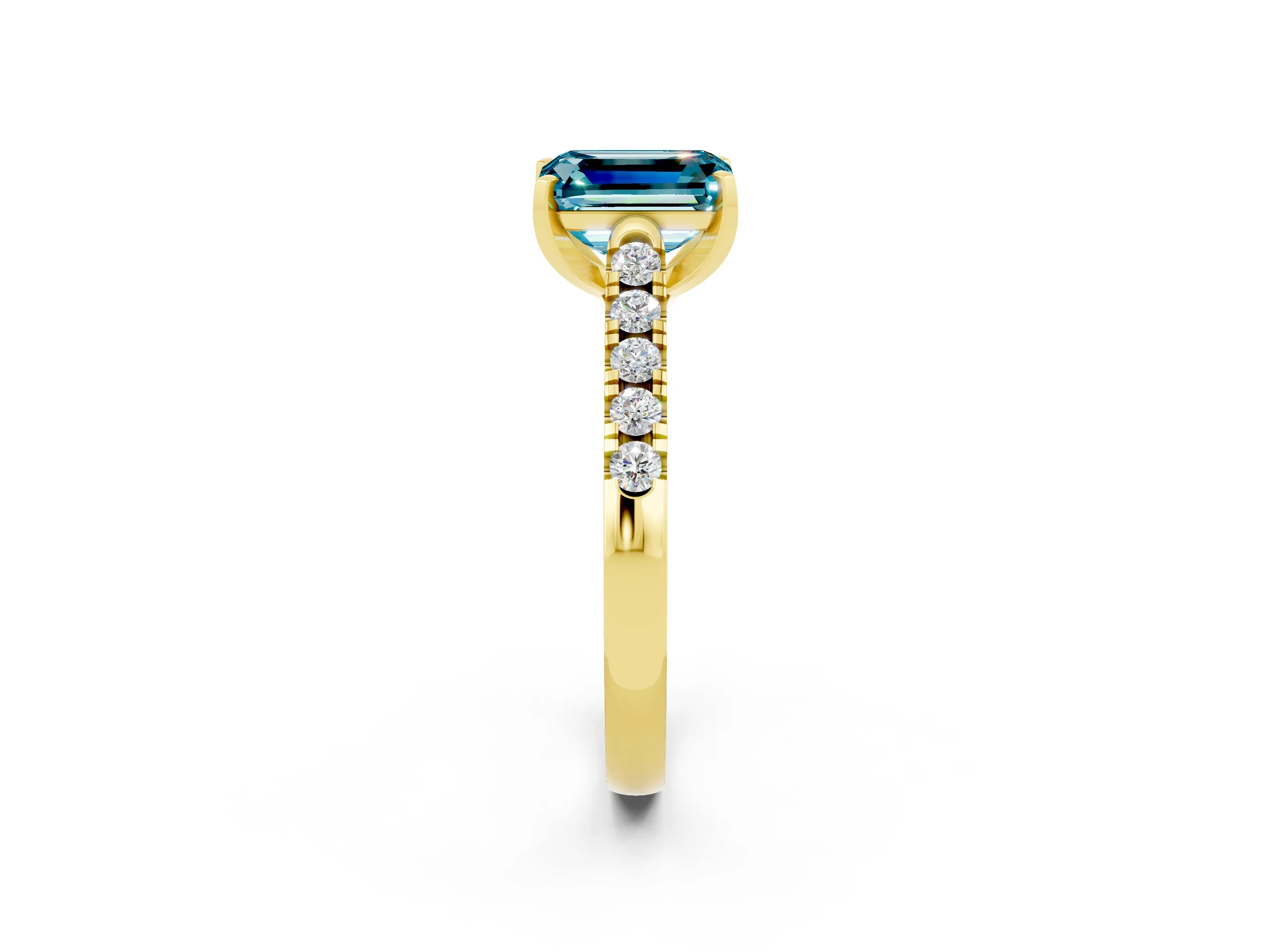 Yellow gold {shape_name} Blue Topaz Solitaire Ring with Pavé Band and Four-Prong Setting_2