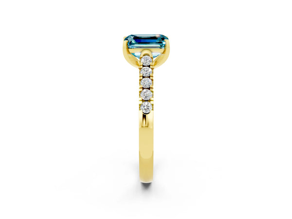 Yellow gold Emerald Cut Blue Topaz Pavé Band Solitaire Ring with Prong Setting