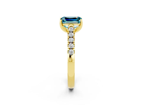 Yellow gold {shape_name} Blue Topaz Solitaire Ring with Pavé Band and Four-Prong Setting_2