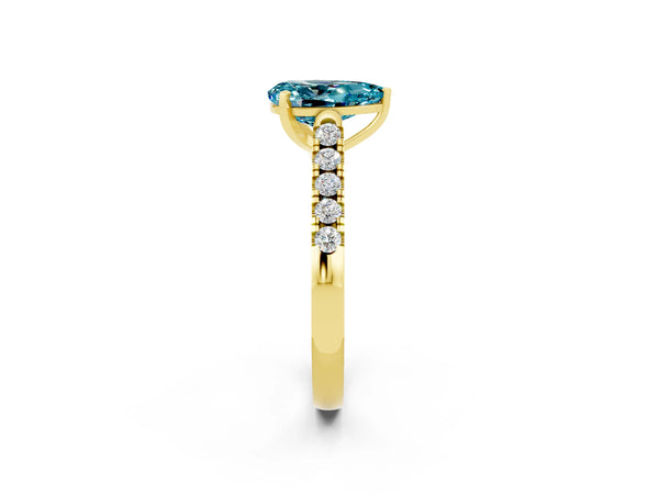 Yellow gold Pear Cut Blue Topaz Pavé Band Solitaire Ring with Prong Setting
