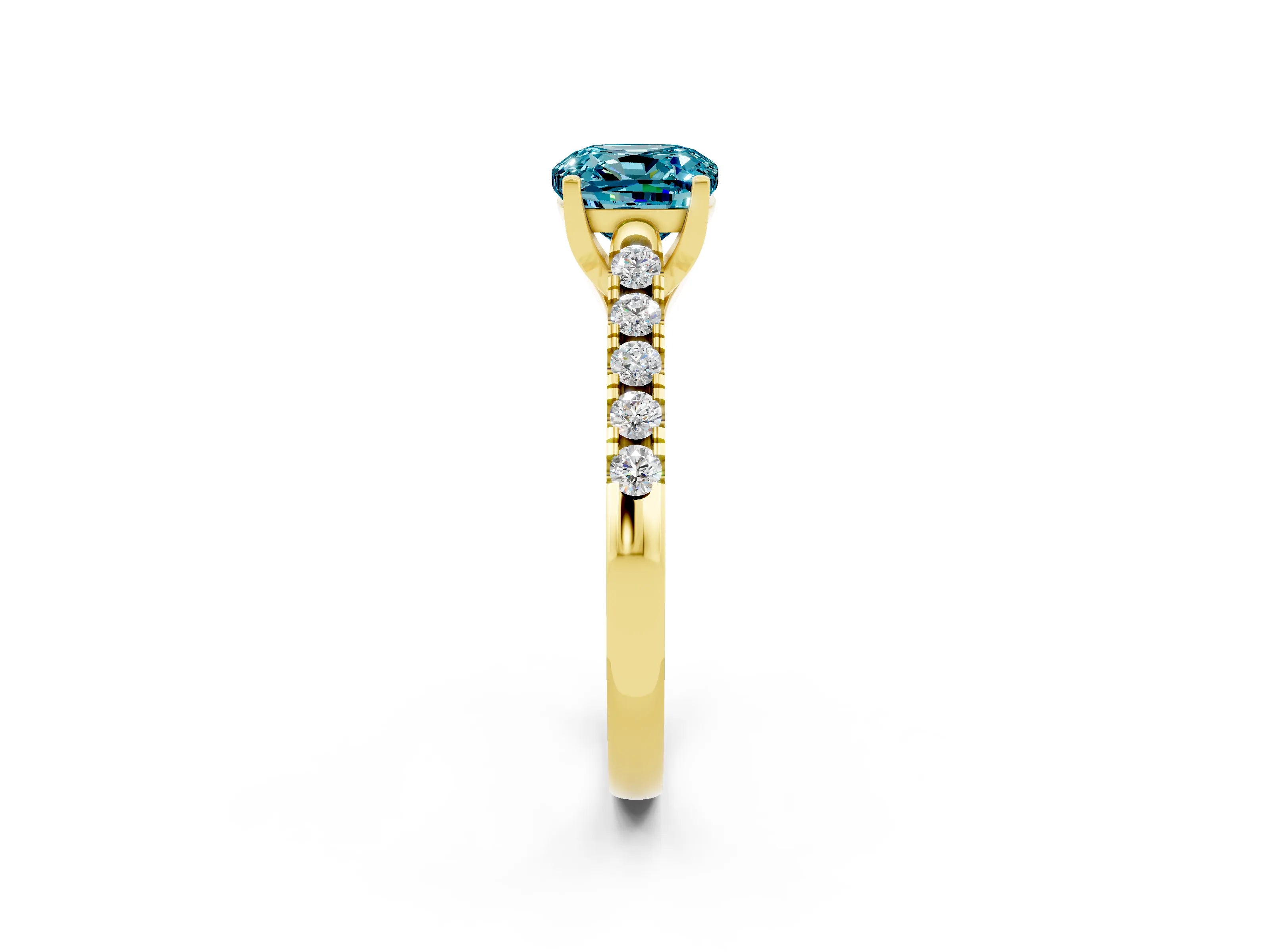 Yellow gold {shape_name} Blue Topaz Solitaire Ring with Pavé Band and Four-Prong Setting_2
