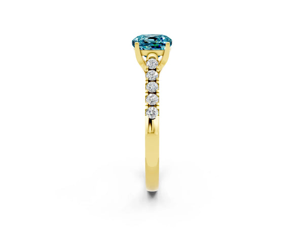 Yellow gold Cushion Cut Blue Topaz Pavé Band Solitaire Ring with Prong Setting