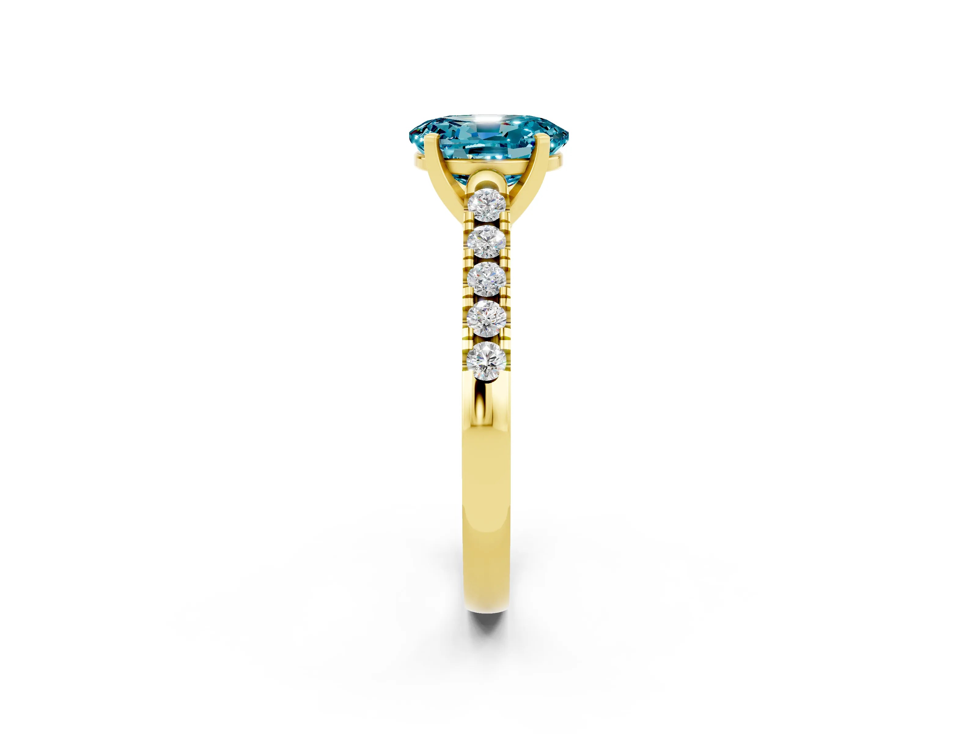 Yellow gold {shape_name} Blue Topaz Solitaire Ring with Pavé Band and Four-Prong Setting_2