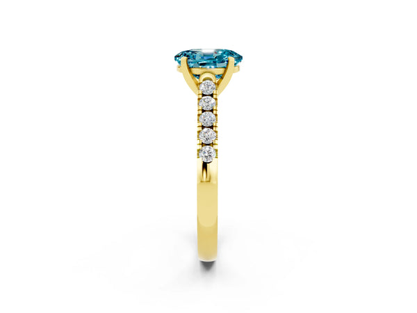 Yellow gold Oval Cut Blue Topaz Pavé Band Solitaire Ring with Prong Setting