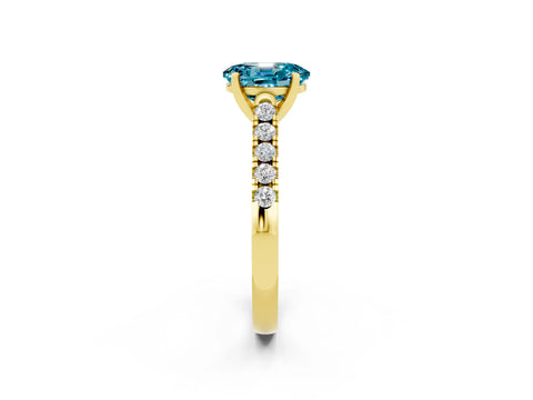 Yellow gold {shape_name} Blue Topaz Solitaire Ring with Pavé Band and Four-Prong Setting_2