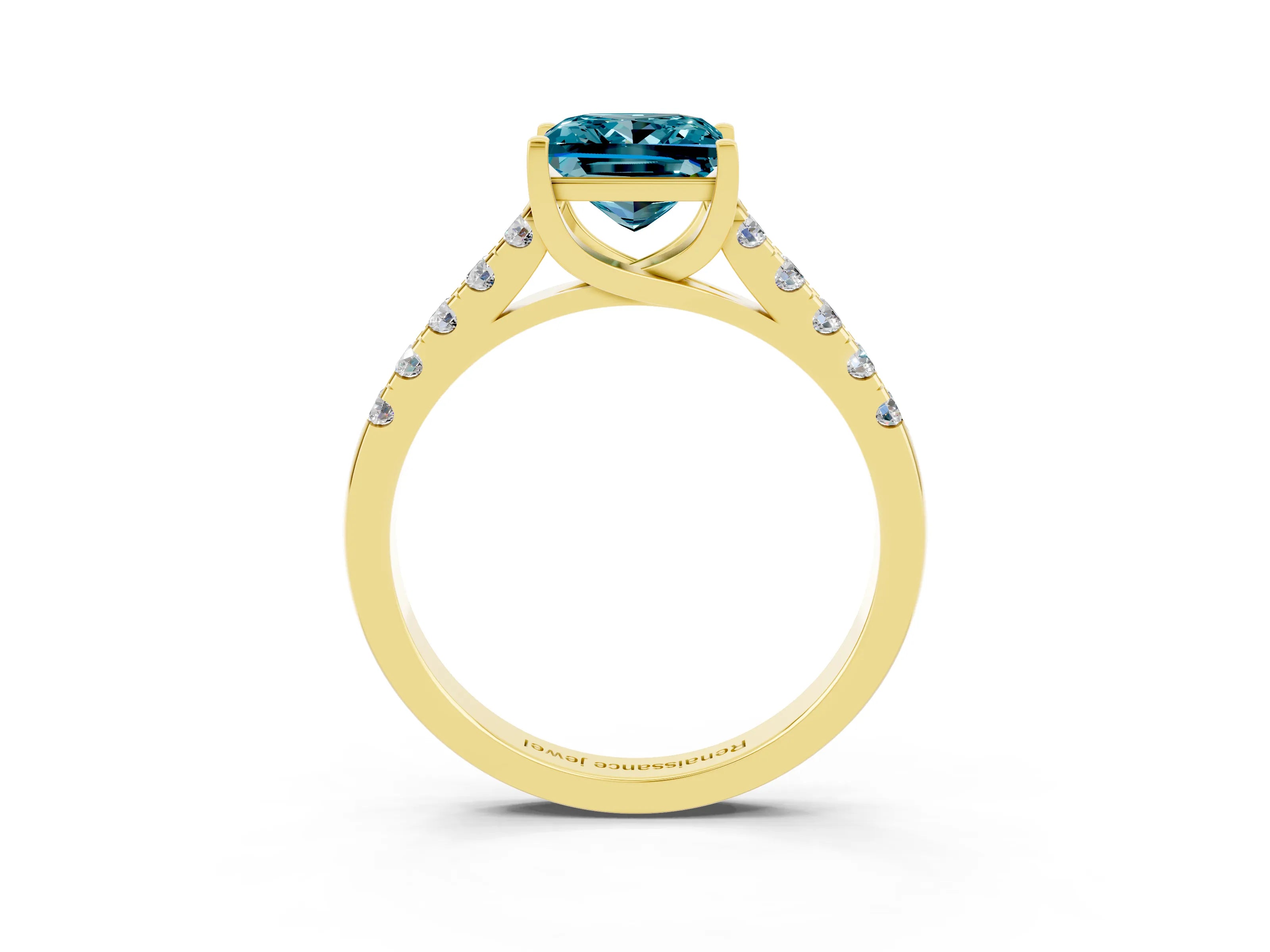 Yellow gold {shape_name} Blue Topaz Solitaire Ring with Pavé Band and Four-Prong Setting_3