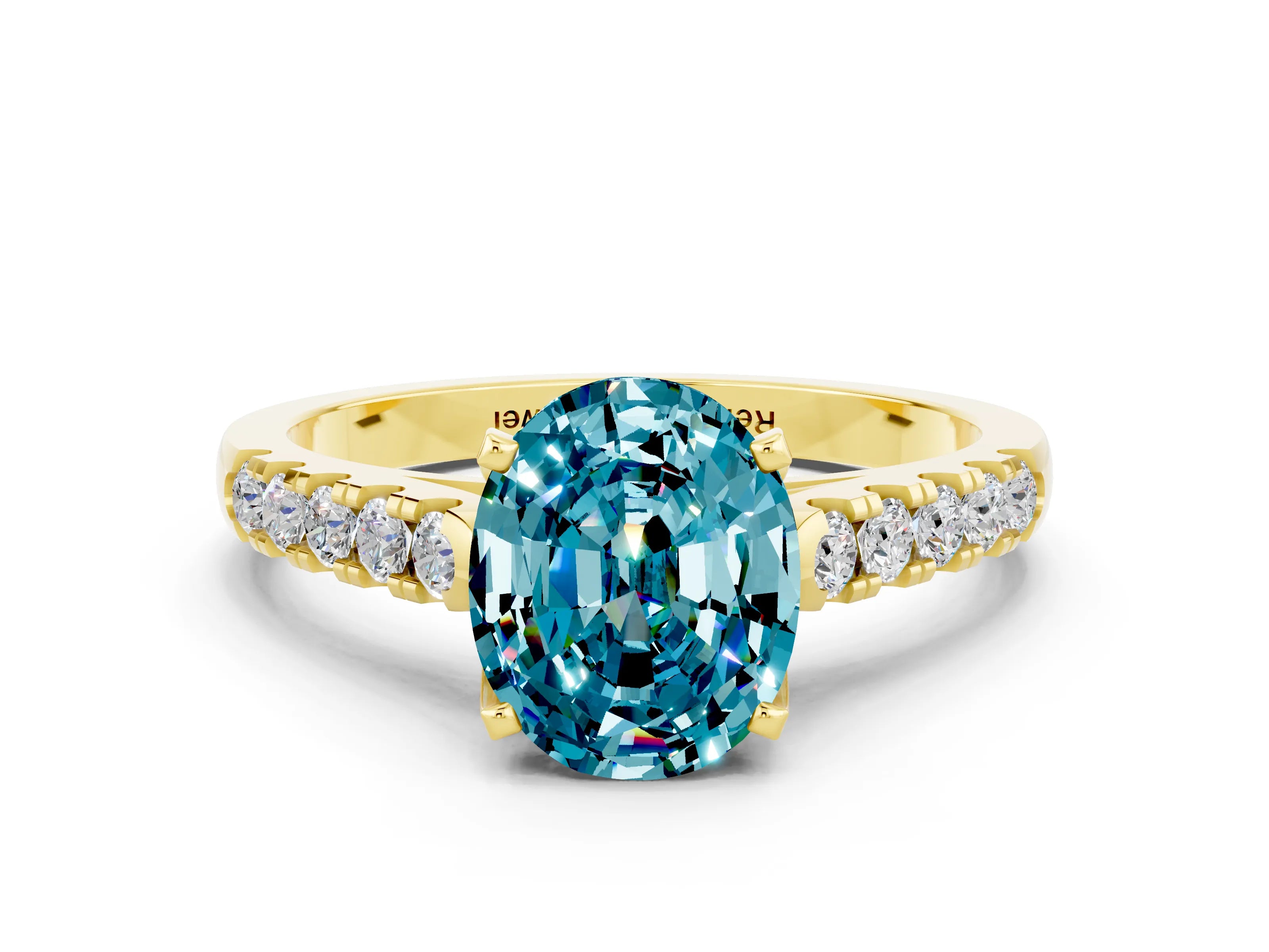 Yellow gold {shape_name} Blue Topaz Solitaire Ring with Pavé Band and Four-Prong Setting